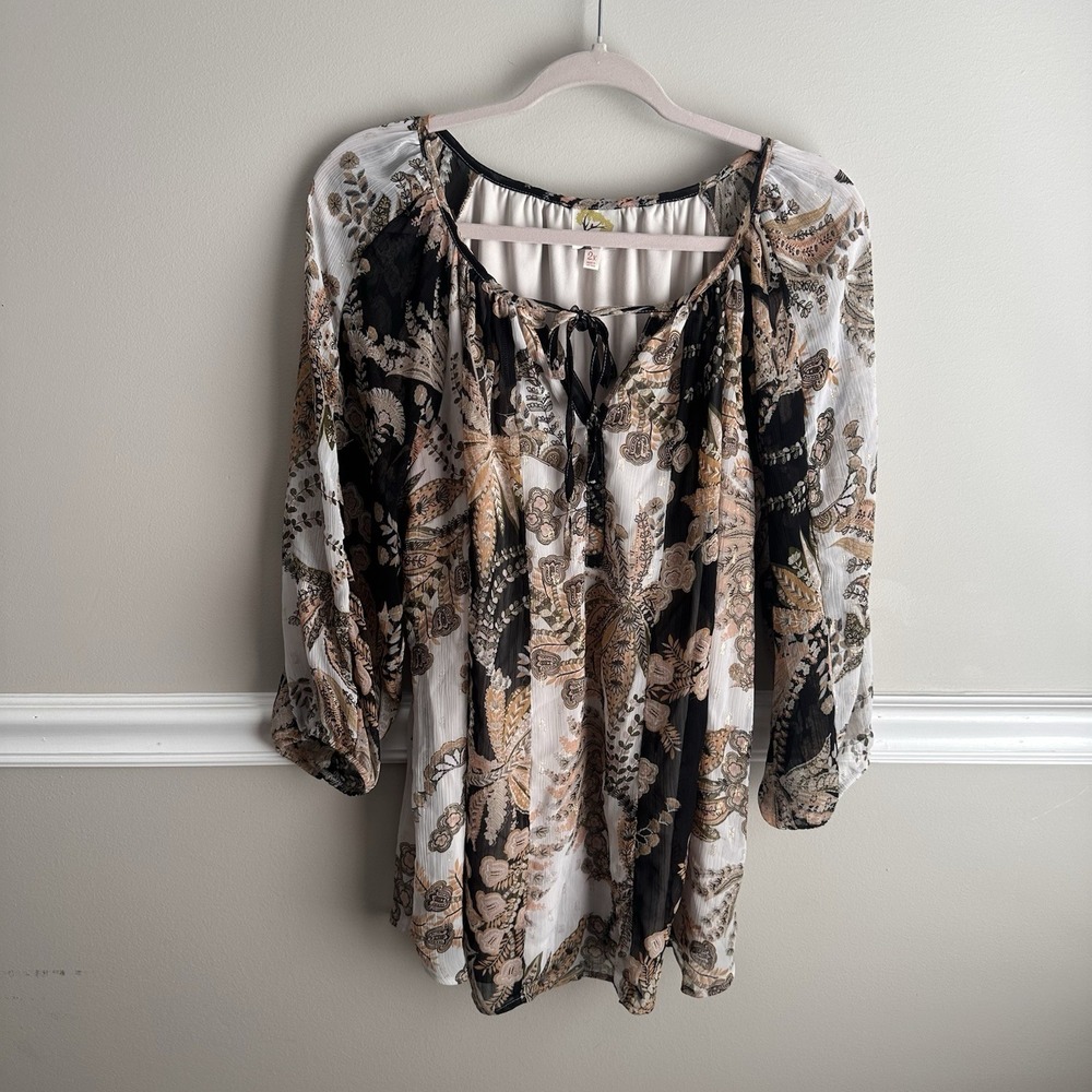 Fig & Flower Black Coral Chiffon Paisly Peasant Boho Top Blouse 2X Hippie Flowy